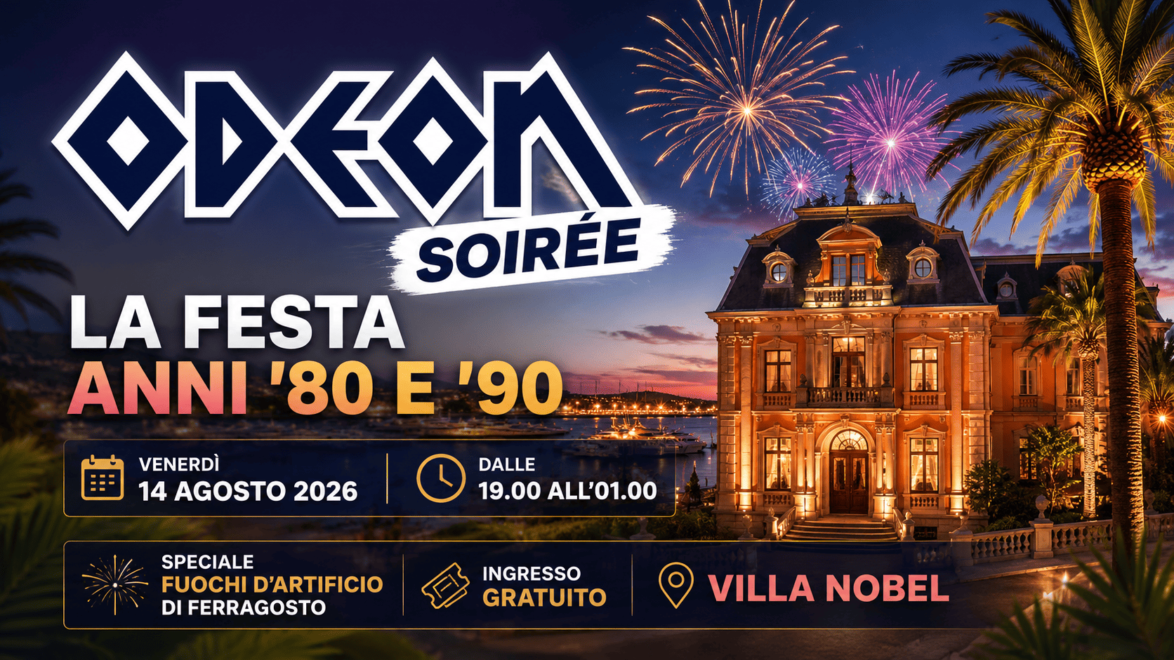 Odeon Soirée torna a Villa Nobel: appuntamento venerdì 14 agosto 2026
